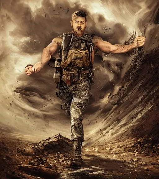 Image similar to scene of muscular, tired and alcoholic 3 0 - year - old grieving man with short darkblonde hair, serious sad look in his eyes, looking down, dirty beard, blue eyes, jumping from plane, wearing dirty soldier uniform, on the desert, sad atmosphere, hyper realistic face, character art, art by mark brooks, cryengine, trending on artstation, digital art