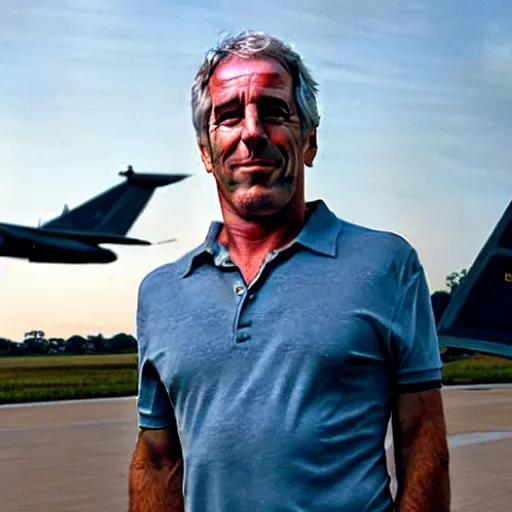 Image similar to aesthetic illustration of jeffrey epstein, wearing a dark blue polo shirt, standing near fighter jet on an empty runway at dusk, high detail, volumetric lights, award winning photo