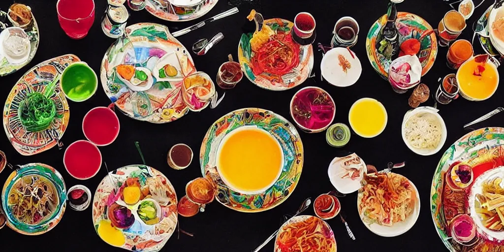 Prompt: an south - east asian table adorned with colorful drinks full of exotic flavors