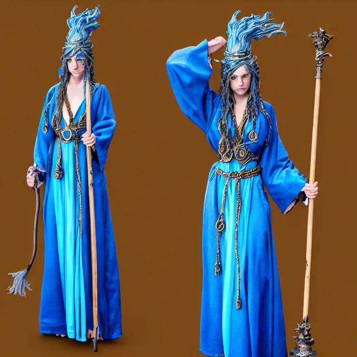 Image similar to photograph of a real-life beautiful elemental water witch with ornate blue robes and staff. Extremely detailed. 8k