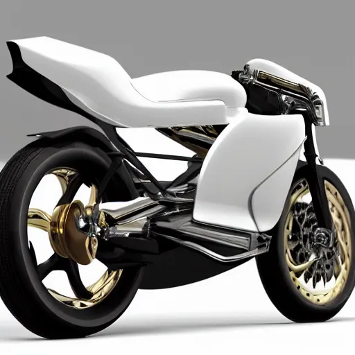 Prompt: a white and gold motorcycle on a white background, a computer rendering by hendrick cornelisz vroom, trending on cgsociety, kinetic art, steampunk, made of liquid metal, biomorphic