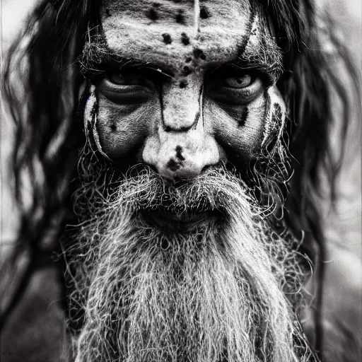 Image similar to 3 5 mm film portrait of strange aghori sadhu covered in ash creature, hyperrealism, photorealistic, detailed, atmospheric, 8 k, award winning photography, cinematic