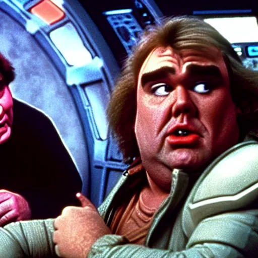 Image similar to John Candy dressed as Barf from Spaceballs sits next to Han Solo in the Millenium Falcon, movie still ftom Star Wars (1977)