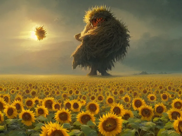 Prompt: sunflower monster in a bright sunny field, concept art by Greg Rutkowski, artstation, cgsociety