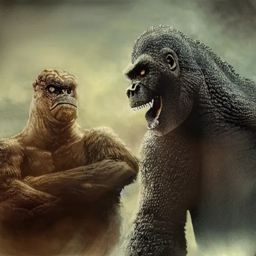 Image similar to a portrait of godzilla and king kong sitting down 1 8 a cup of tea digital concept art