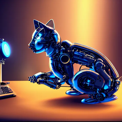 Image similar to a metallic robotic cyborg cat eating a computer mouse, cyberpunk, digital art, 8 k, trending on artstation