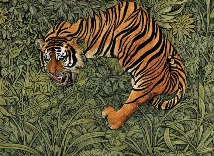 Image similar to a tiger in the centella asiatica in android jones, ernst haeckel and william morris style