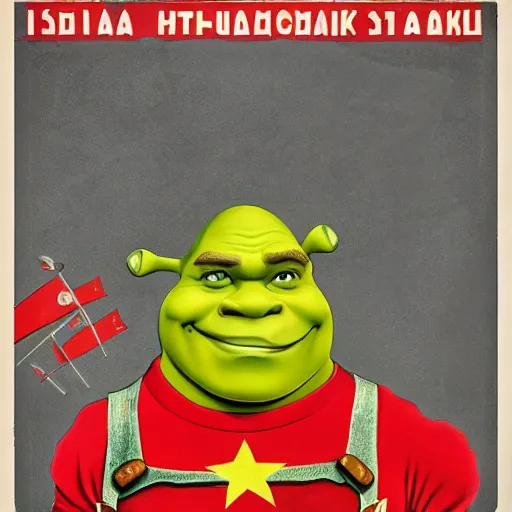 Prompt: shrek in a communist soviet propaganda poster