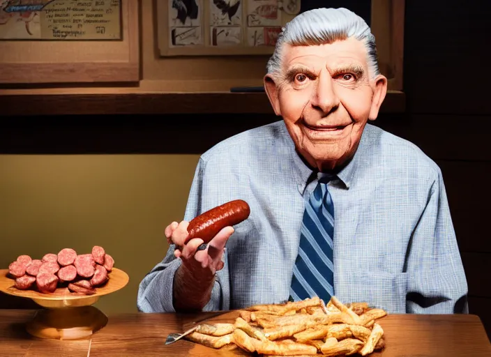 Prompt: photo still of andy griffith as matlock at shoneys!!!!!!!! at age 7 6 years old 7 6 years of age!!!!!!!! enjoying sausage, 8 k, 8 5 mm f 1. 8, studio lighting, rim light, right side key light
