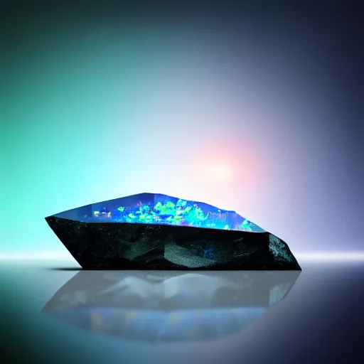 Image similar to a giant gemstone mineral in a dark blank room with Opal gemstone, professional digital matte painting.