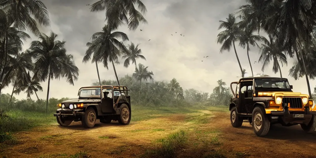 Image similar to kerala village countryside, beautiful dynamic lighting, mahindra thar on the road, cinematic, wide angle establishing shot, extremely high detail, photo realistic, cinematic lighting, post processed, concept art, artstation, matte painting, style by eddie mendoza, raphael lacoste, alex ross, volumetric lighting, light rays, photorealistic, ultrarealistic, moody, coronarender, 8k