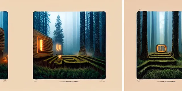 Image similar to painting maze with redwood trees and ancient oak city from bladerunner by tomasz alen kopera and daniel lieske with futuristic neolithic townhouse by eddie jones and simon stahlenhag