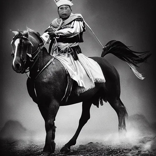 Prompt: white and black 1 8 0 0 photography of gengis khan on his horse after the conquest of china, realistic, foggy, china, post - apocalyptic, photo, photograph, high detailed, camera