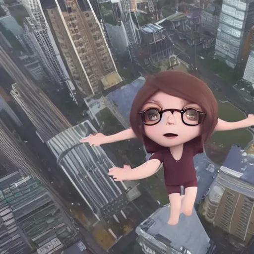 Image similar to streamer lilypichu flying above a city, realistic, scary, ominous.