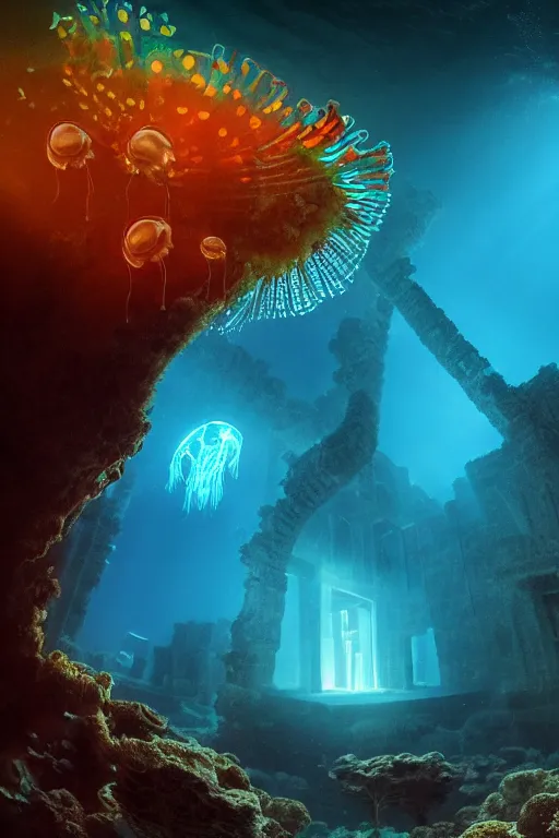 Image similar to high quality sharp photo of cinematic underwater dystopian byzantine city ruins with giant bioluminescent multicolor mutant plants and cyborg jellyfish, digital art masterpiece, aykut aydogdu eric zener, very dramatic volumetric light, long shot, ground angle uhd 8 k, deep focus