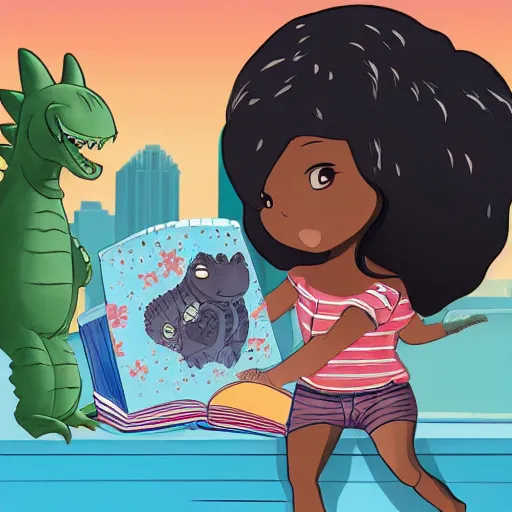 Image similar to Dark skinned girl pets Chibi Godzilla, children's book