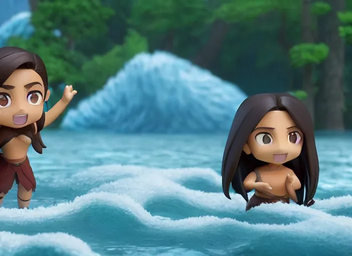 Image similar to katara from avatar as nendoroid is summoning a giant wave from a lake in a forest, in the croods movie style, anime, disney, pixar, 8 k, hd, dof, kodak film, volumetric lighting, subsurface scattering, photorealistic, octane render, details