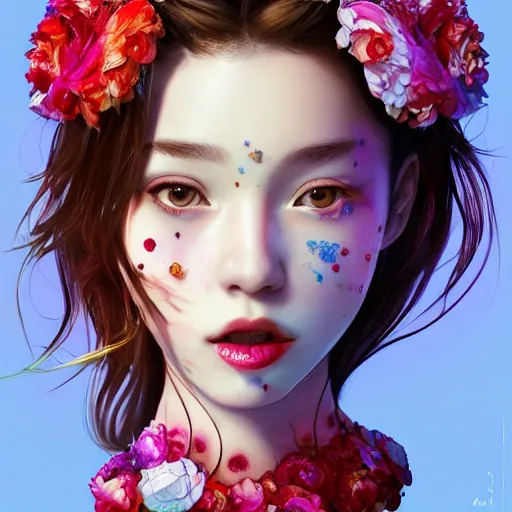 Prompt: the face of absurdly beautiful, graceful, elegant, sophisticated, sensual teenage gravure idol made of strawberries and colorful petals with tears, an ultrafine photorealistic illustration by kim jung gi, irakli nadar, intricate linework, bright colors, octopath traveler, final fantasy, unreal engine highly rendered, global illumination, radiant light, intricate environment