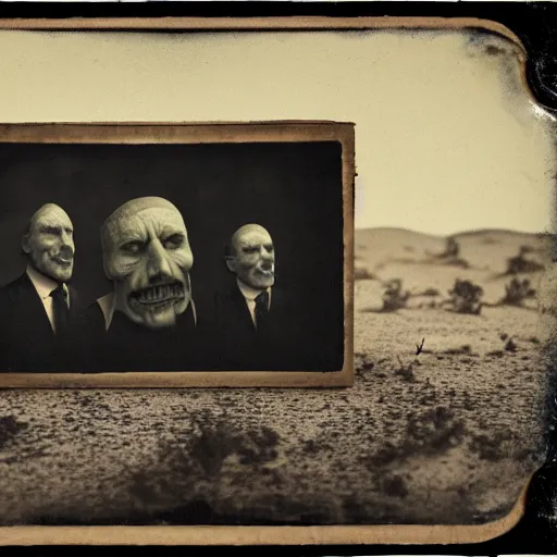 Image similar to tintype photograph, lovecraftian aliens talking with the president of the united states, desert location, highly detailed, 8 k, trending on artstation