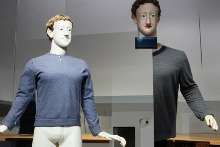 Image similar to mark Zuckerberg mannequin pretending to be human