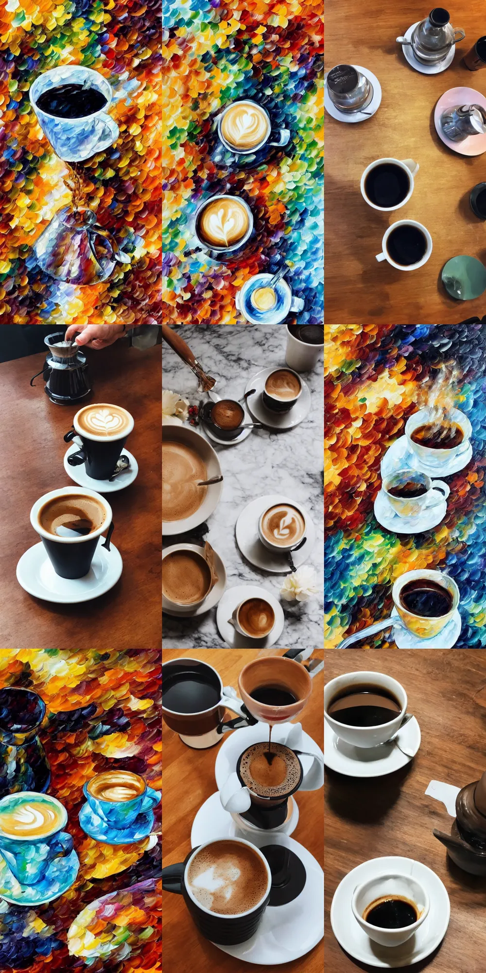 Prompt: making delicious coffee with a v 6 0 in the style of leonid afremov