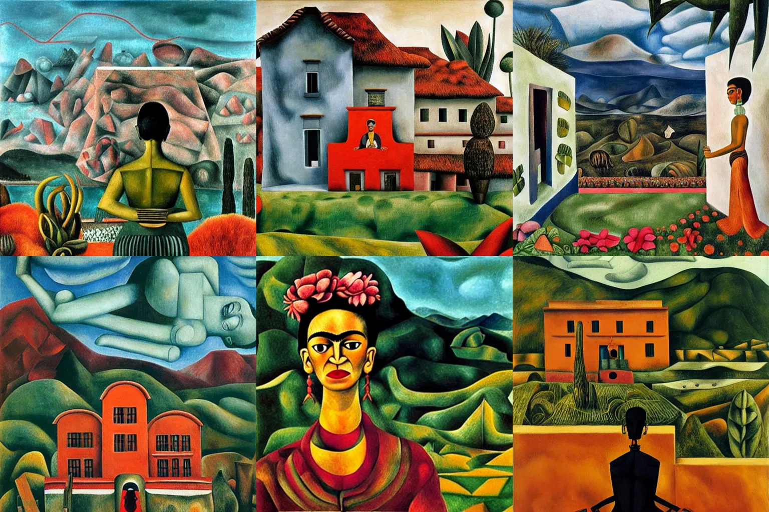 Prompt: artwork of a building and humanoid in a nice scenery by frida kahlo,