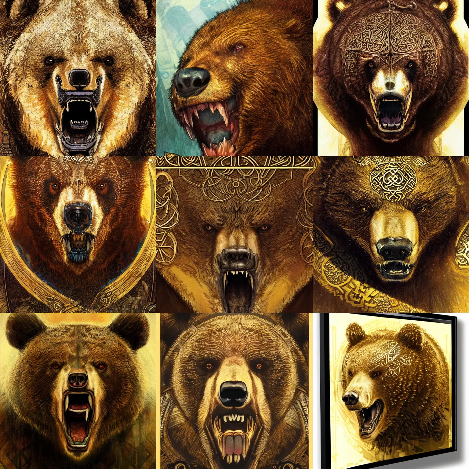 Prompt: portrait close - up of a growling angry bear, symetry, marvel comics, intricate, celtic golden symbols, aleksi briclot, rutkowski, alfons mucha