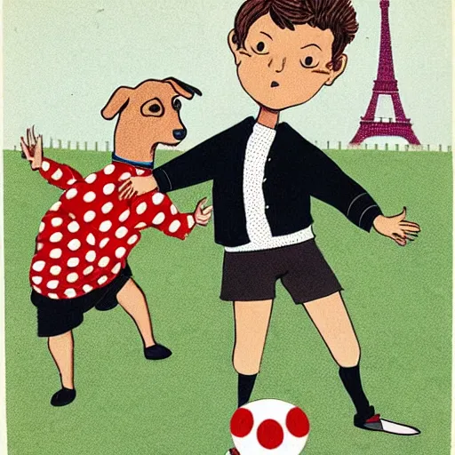 Image similar to book illustration of a french boy on the streets of paris playing football against a corgi, the dog is wearing a polka dot scarf, 1 9 6 6