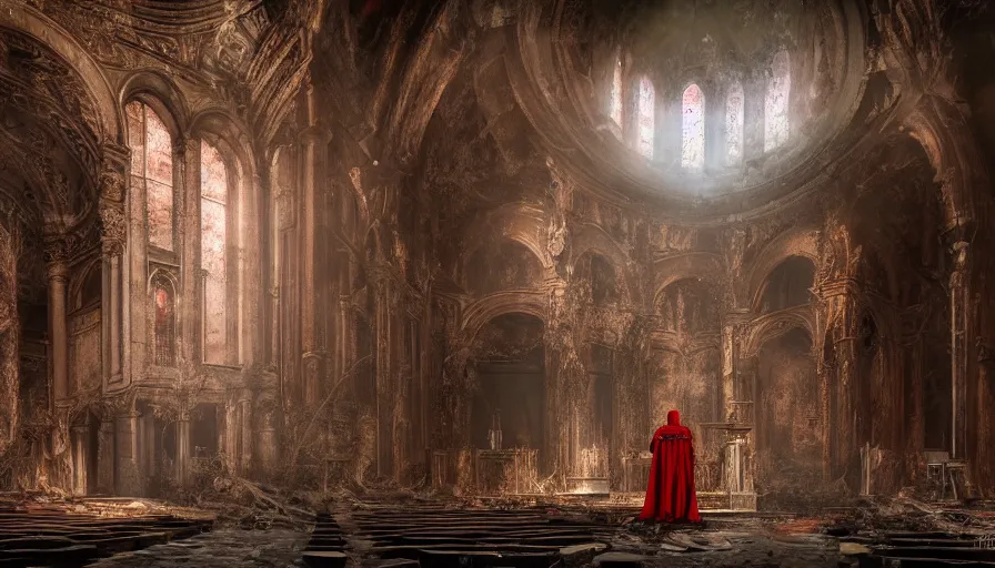 Prompt: astaroth manifests in an abandoned church at the vatican, 8 k, soft lighting, hdr, octane render, hr giger cinematic, red fluid on walls of the church, smoke, yasushi nirasawa style photorealistic, bokeh