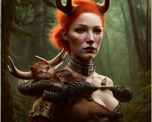 Image similar to 5 5 mm portrait photo of an armored gorgeous aesthetic redhead woman warrior with a face tattoo and antlers growing from her head and cat on her shoulder, in a magical forest. art by greg rutkowski. highly detailed 8 k. intricate. lifelike. soft light. nikon d 8 5 0.