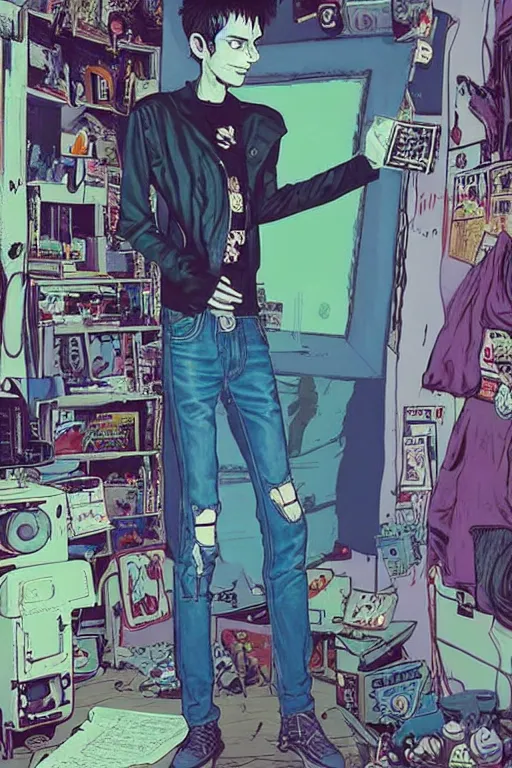 Prompt: a skinny goth guy standing in a cluttered 9 0 s bedroom by jamie hewlett, jamie hewlett art, full body character concept art, vaporwave colors, digital painting, hd, ultra hd, detailed, award winning, small details, artgerm,