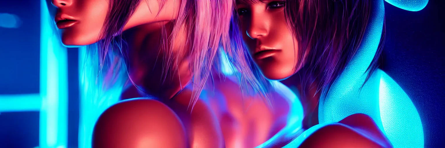 Image similar to 2 0 0 mm lens photography of a few female humanoid cropped tight portrait, shallow depth of field, cyberpunk high fashion, elegant profile pose, cyber neon lighting, retro futurism, retro futuristic glossy latex bikini, bokeh background, hyper photorealistic, crispy quality, digital photography, art by pascal blanche, art by artgerm, art by greg rutkowski,