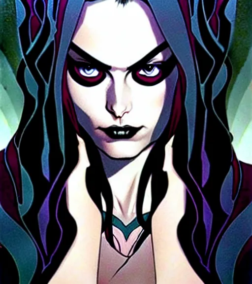 Image similar to artgerm, joshua middleton comic cover art, pretty friendly phoebe tonkin eye of horus painted under one of her eyes, as death sandman comic death appears as a young, attractive, slim, she has very pale skin, dark eyes, long black hair, she prefers to dress casually and she wears black clothing