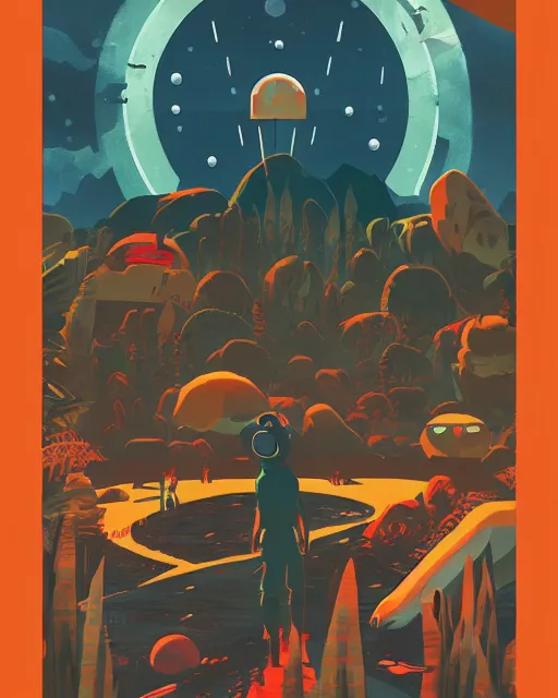 Prompt: no mans sky, dark 2D matte gouache illustration, poster, style of wes anderson