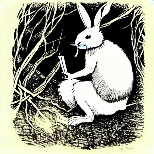 Image similar to a pen and ink drawing of a white rabbit smoking a smokey cigarette while reclining in a deep dark tangled forest, childrens book illustration, by edward gorey, by gustav dore