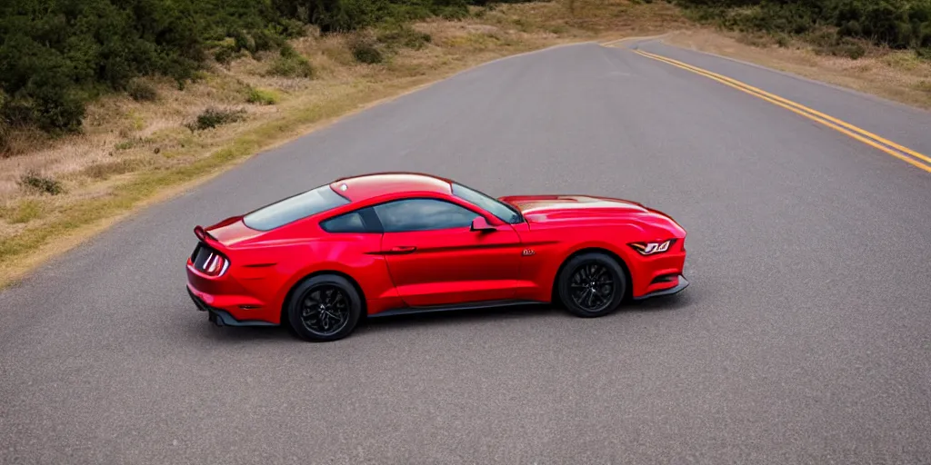 Prompt: red ford mustang driving on a highway