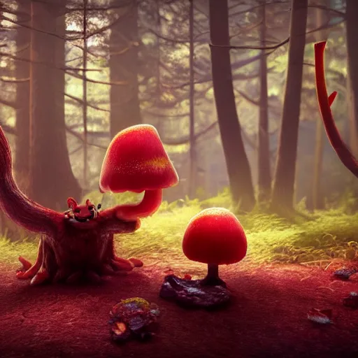 Image similar to beautiful cinematography of a cute fury monster eating lunch sitting on a red mushroom in a fantasy forest with living trees, in the style of a Pixar movie, wide shot, sharp and detailed, Octane render, raytracing, volumetric lighting