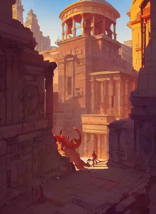 Prompt: unspoilt roman city, glorious, epic scene, beautiful, in the style of artgerm, gerald brom, atey ghailan and mike mignola, vibrant colors and hard shadows and strong rim light, plain background, comic cover art, trending on artstation