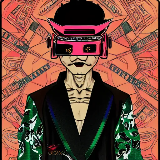 Image similar to a detailed portrait of a fashionable japanese demon wearing a cyberpunk bosozoku outfit the style of william blake and norman rockwell, kubrick, neon color scheme, crisp, artstationhd