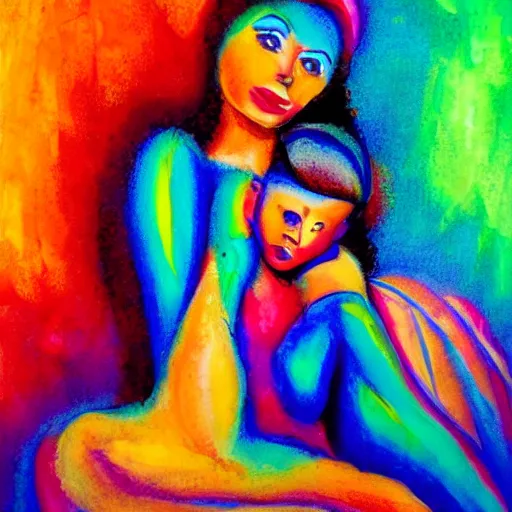 Image similar to beautiful woman cradling her child made of colorful fire by salome tatladze, elegant, colorful, loving