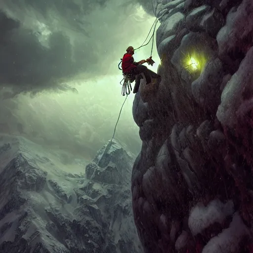 Image similar to climber, extreme cold, storm, octane rendering, volumetric lightning, hyperrealism, no blur, 4 k resolution, ultra detailed, style of ivan shishkin, tyler edlin, anato finnstark, edward robert hughes