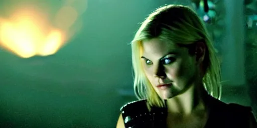 Image similar to elisha cuthbert as the goddess of war. movie still. sinister atmospheric lighting. highly detailed, ground mist