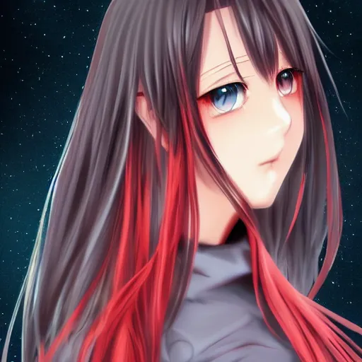 Image similar to realistic anime girl design, side pose, cosmic, dark, cybernetic room, beautiful face, long hairs, red garb, dynamic lighting