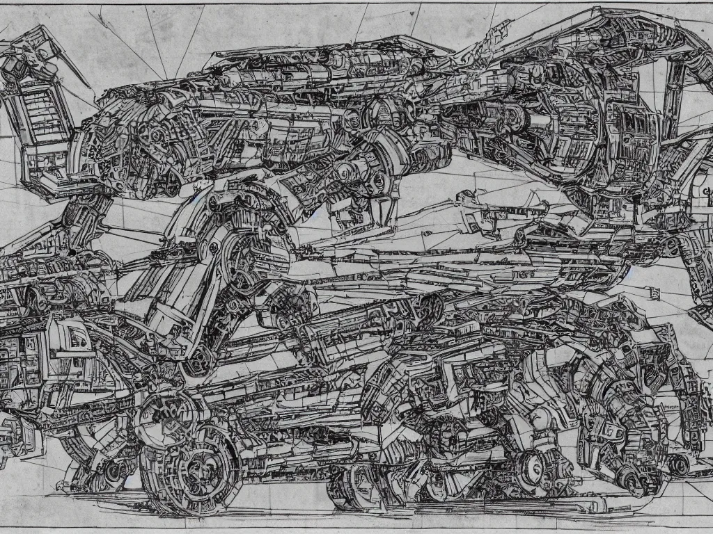 Prompt: halo warthog vehicle, hyperdetailed, blueprint, complex, precise, intricate, detailed, engineering plans, technical book page schematic drawing by Leonardo Da Vinci