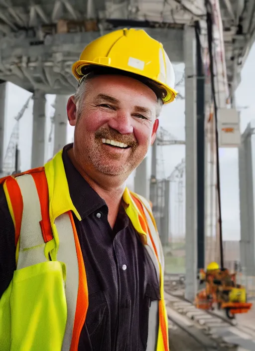 Prompt: closeup portrait of cheerful bryan craston as a crane operator, yellow hardhat, natural light, bloom, detailed face, magazine, press, photo, steve mccurry, david lazar, canon, nikon, focus