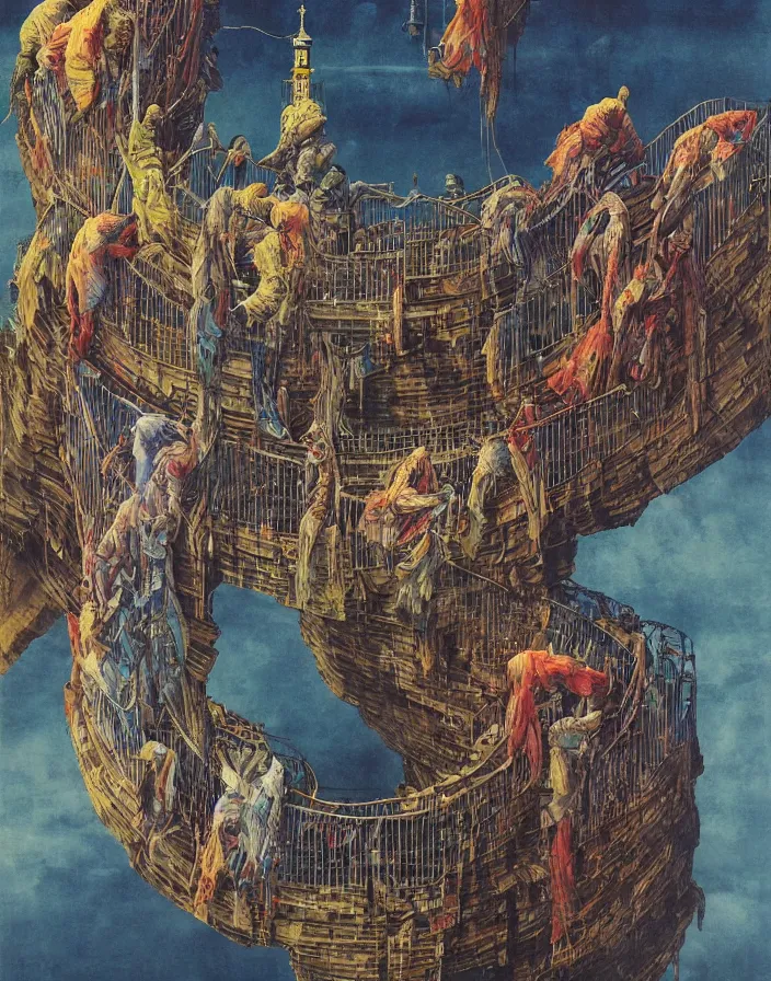 Prompt: worshippers in robes ascend a spiral staircase in a lighthouse, spiral staircase, high detailed beksinski painting, part by adrian ghenie and gerhard richter. art by takato yamamoto. masterpiece, deep colours, blue