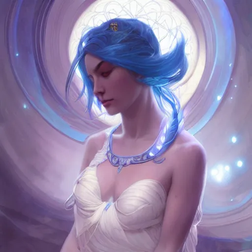 Prompt: goddess, blue hair, intricate, elegant, ethereal, highly detailed, retro, digital painting, artstation, concept art, smooth, sharp focus, full shot, illustration, art by artgerm and greg rutkowski and alphonse mucha