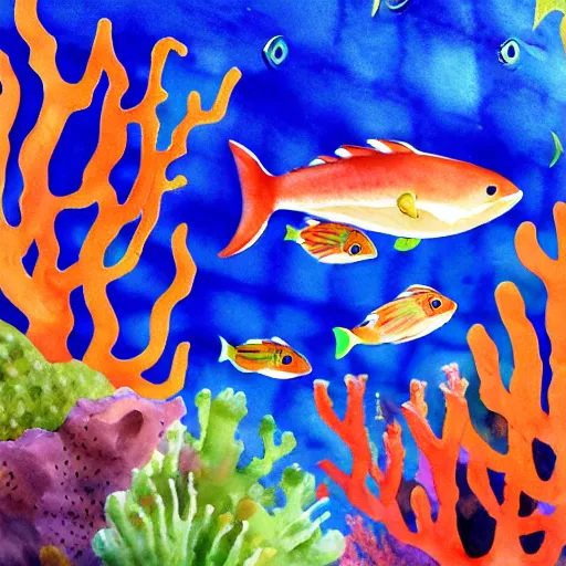 Prompt: A school of fish swimming in a coral reef, watercolor, trending on artstation