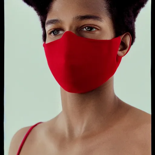 Image similar to realistic photoshooting for a new balenciaga lookbook, color film photography, portrait of a beautiful woman, model is wearing a balaclava mask, in style of tyler mitchell, 3 5 mm,