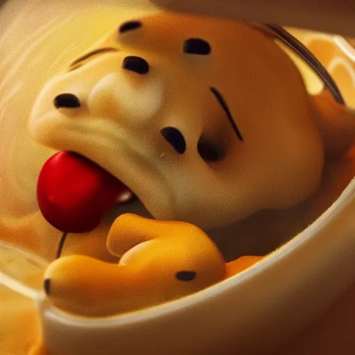 Image similar to winnie the pooh eating lasagne, extreme close up cute dystopian award winning photography, extremely detailed, artstation, 8 k, sensual lighting, incredible art, wlop, artgerm